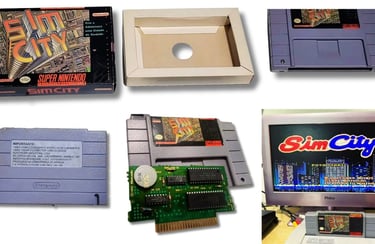 SimCity é um dos jogos lançados pela Playtronic, aqui tem a caixa, o cartucho, manual e a tela do jo