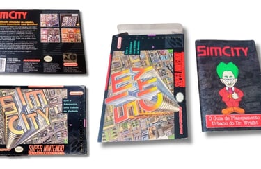 SimCity é um dos jogos lançados pela Playtronic, aqui tem a caixa, o cartucho, manual e a tela do j
