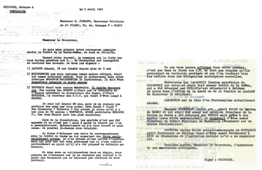 Lettre de dénonciation 5 avril 1941