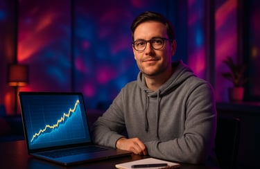 An Image that encapsulates "online fortune"—a realistic person confidently looking at a screen 