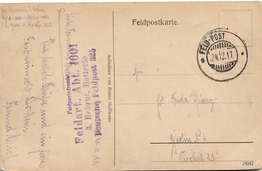 24. Dezember 1917, Postkarte eines Rekruten, der der 3. Batterie der Artillerie-Gruppe zugeteilt war