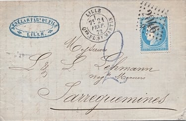 Letter dated 21 February 1872 from LILLE to SARREGUEMINES.