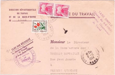 Brief im 1.  Gewichtsstufentarif, mit 25 Centimes Nachporto belegt (Tarif vom 19. Mai 1964).
