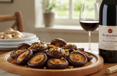 a plate of mushrooms and wine in front of a wine glass