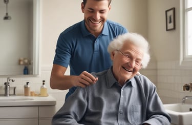 a young man brushing an elderly person hair