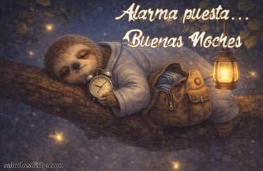 perezoso recostado en una cama mientras programa su alarma, con luz nocturna suave