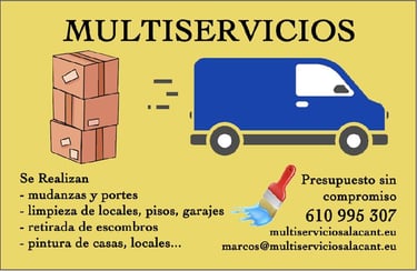 Tarjeta de presentación Mutiservicios Alacant, Paquetes de mudanza, furgoneta y brocha,tlf:610996307