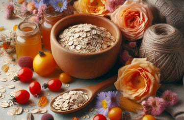a bowl of oats and flowers