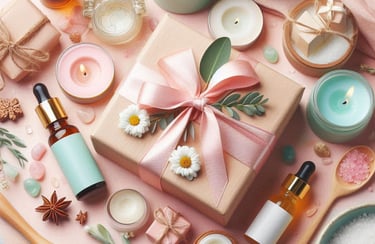 a gift wrapped with pink bow, surrounded by various skincare products and candles