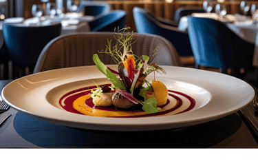 a plate of food and a glass of wine in a restaurant