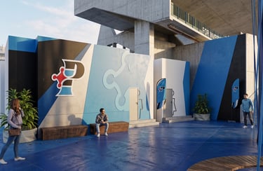 Modern outdoor pavilion with blue graphic walls, wooden benches, and people at a branded event space.