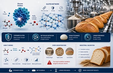 Industrial baking infographic showing glucose oxidase strengthening the gluten network