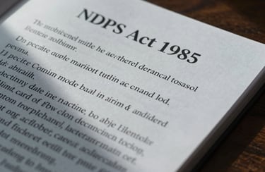 Tight macro shot of the NDPS Act 1985 legal text on a dark wooden desk, dramatic side-lighting, cool desaturated tones, sharp focus, 35mm