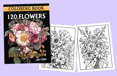 A coloring book with 120 Floral Designs that include flower bouquets in vases and realistic blooms