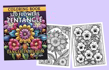 a coloring book with floral designs, fantasy-inspired Zen tangle patterns and intricate line work
