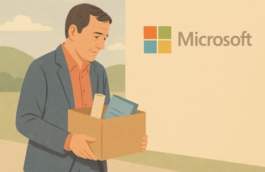 Laid-off employee leaving Microsoft office with a box of belongings