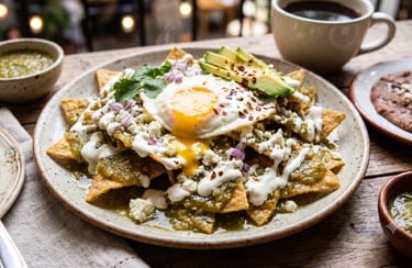 Chilaquiles verdes con crema y queso, acompañados de huevo estrellado.