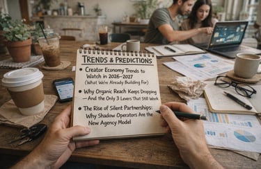 Handwritten notes on creator economy trends and organic reach strategies for a digital marketing agency.