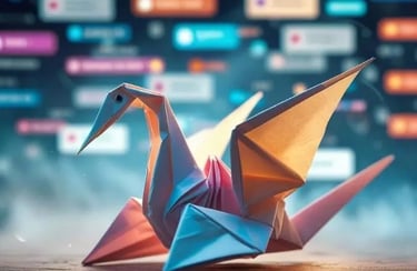 Cisne de origami colorido representando paciência, resiliência e transformação no desenvolvimento pessoal.
