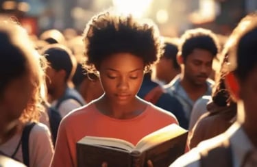 Jovem mulher concentrada lendo um livro em meio a pessoas ao redor, representando estados profundos de foco e atenção.