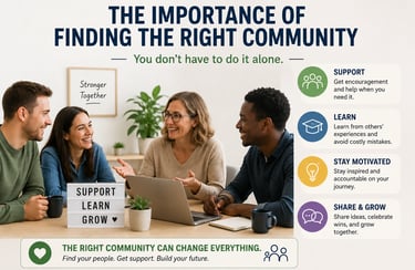 Supportive online affiliate marketing community helping beginners learn digital business