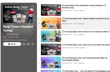 Screenshot of a free online banjo tuner video playlist with standard tuning tutorials for beginners.