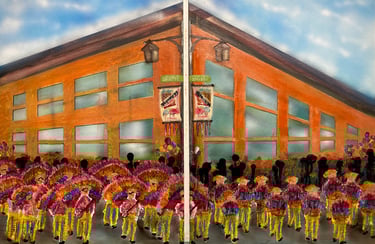 Philadelphia Mummers 2 panels 27.94 x 35.56 cm, Airbrushed, Acrylic Poured Paint, and Oils.