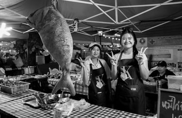 Nan street photography black and white night food stalls Thailand local life