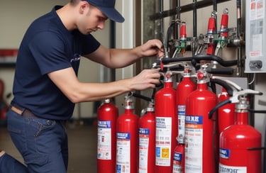 Fire safety project blueprint on a desk with safety helmet and extinguisher.