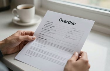 Close view of hands holding an overdue mortgage statement on a kitchen counter, natural window light, a coffee cup out of focus in the background, honest and candid