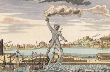 Ilustração do Colosso de Rodes sobre a entrada do porto, com navios passando sob suas pernas.