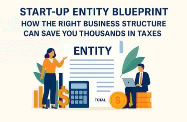 Business entity document with financial icons and professionals representing tax planning