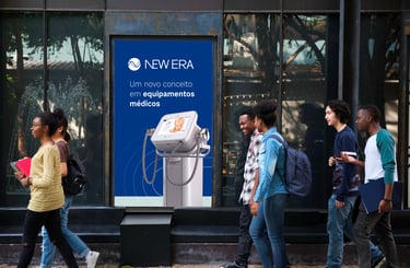 A imagem mostra um outdoor de parede com a identidade visual New Era