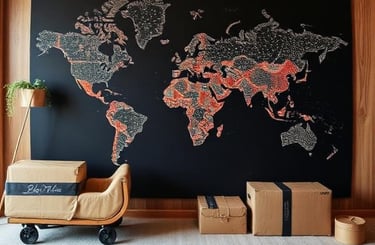 Large black world map wall art in a modern wood-paneled room with cardboard shipping boxes.