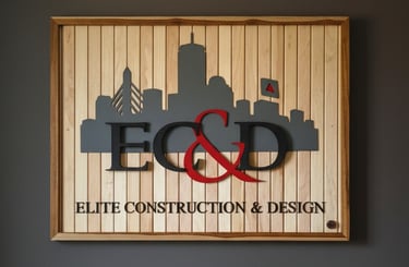 Custom reclaimed wood business sign for Elite Construction & Design (EC&D) with CNC engraved element