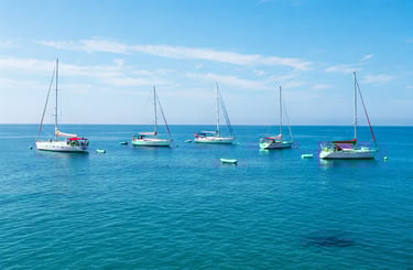 Voiliers blancs au mouillage, mer translucide et ciel bleu