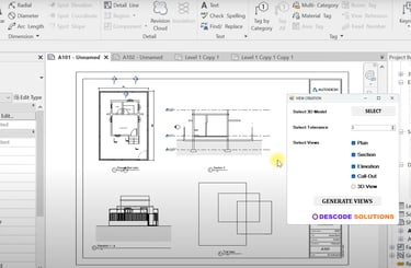 Image depicting Revit Customization tool generating plan, elevation and section views from 3D model