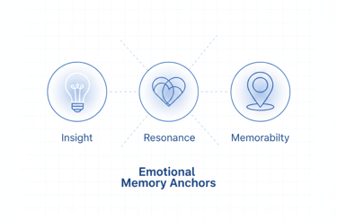 Minimal icon set representing emotional memory anchors: insight, resonance, and memorability.
