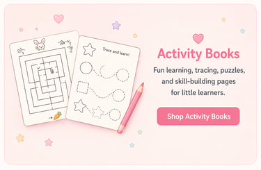 Educational activity books for kids featuring tracing shapes and a rabbit maze puzzle with a pink pencil.