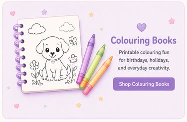 Printable puppy colouring book page with crayons for creative birthday and holiday fun.
