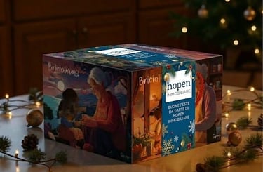 Festive Hopen Immobiliare holiday gift box on a table with Christmas decorations and lights.
