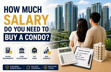 How much salary you need to buy a condo in Singapore infographic showing loan calculations and CPF usage.