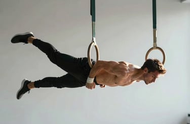 Dynamic side-lit shot of an athlete suspended on rings, high-contrast natural light highlighting muscle definition and joint alignment, clean minimalist studio background.
