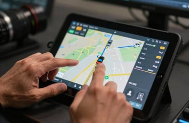 Close-up of hands operating a GPS satellite tracking tablet interface, live route data and vehicle position markers visible on screen, control room environment, precise artificial lighting highlighting the display