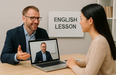 English teacher working with a student on a laptop, practising real-life English skills