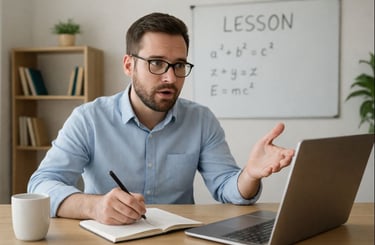 Male English teacher supporting students with language for university