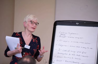 A professional woman presenting business control systems on a white flipchart during a meeting.