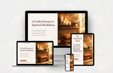Digital devices displaying a spiritual mindfulness guide on laptop, tablet, and smartphone screens.