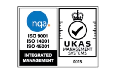 NQA certification logos for ISO 9001, ISO 14001, and ISO 45001 with UKAS management systems accreditation.