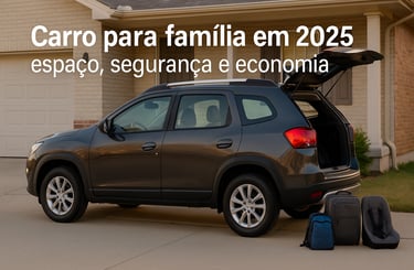 Carro familiar Renault Duster estacionado em frente a uma casa com o porta-malas aberto e bagagens e